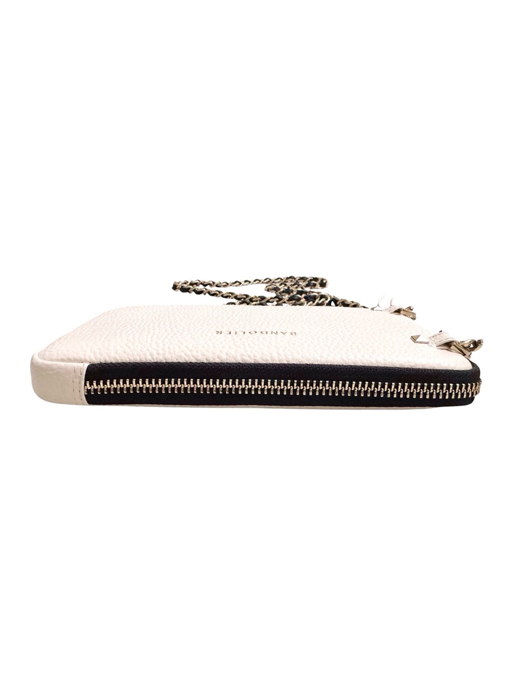 Bandolier Pebbled Leather Expanded Zip Pouch Ivory and Gold with Chain Strap - Picture 5 of 11